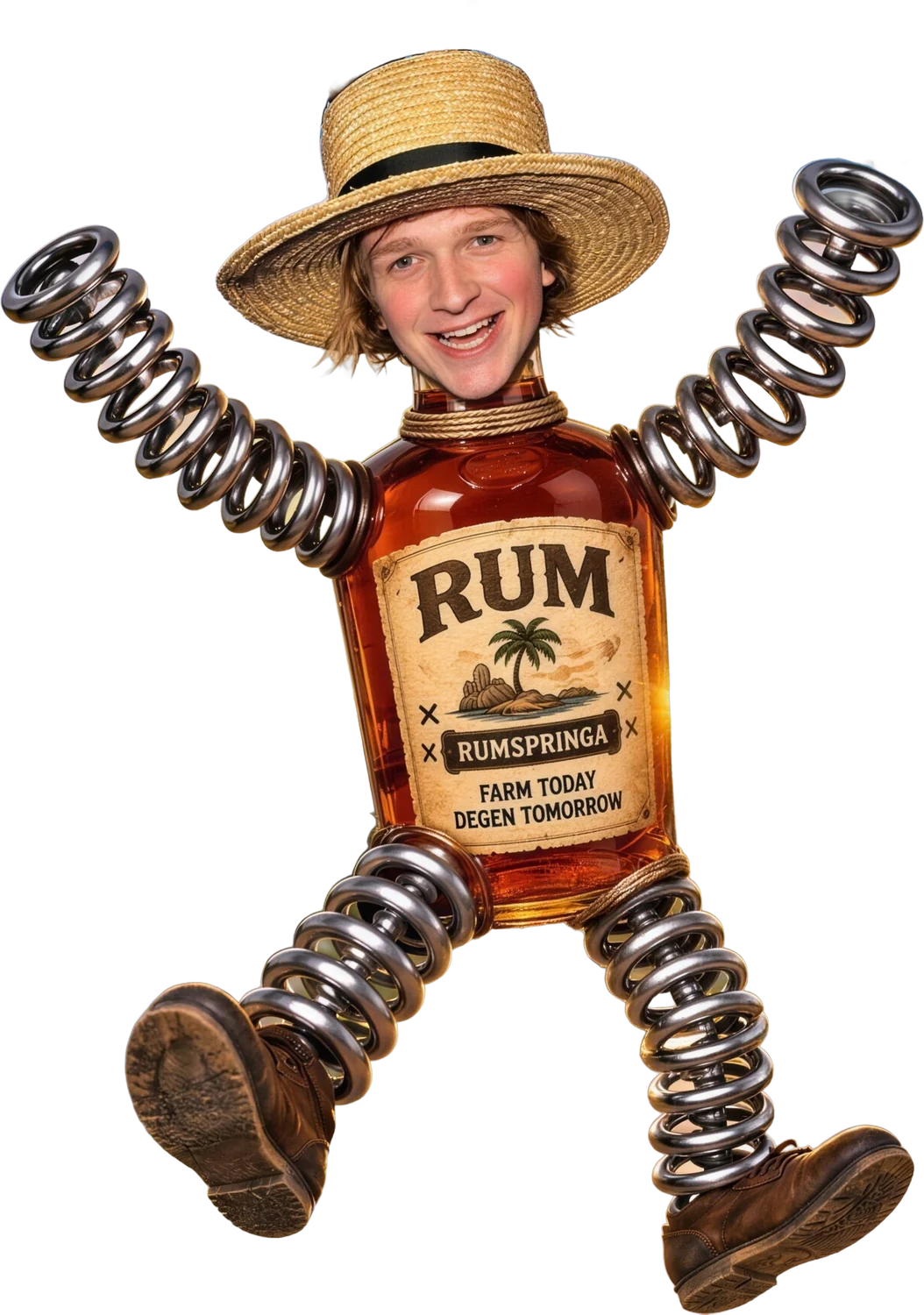 A grinning Amish boy in a straw hat whose body is a bottle of rum and whose arms and legs are coiled metal springs