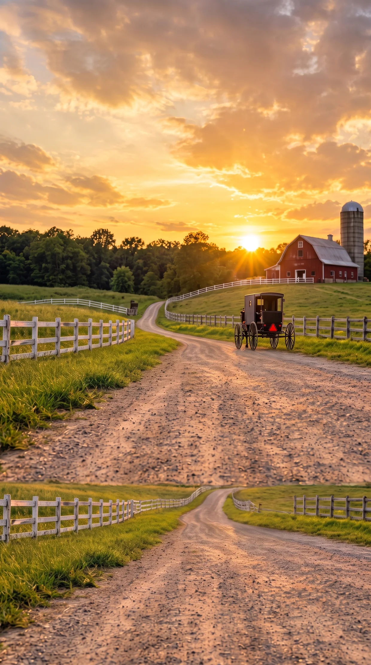 A dirt road running through Amish farmland at sunset, with a white rail fence, a red barn and silo, and a horse-drawn buggy on the road